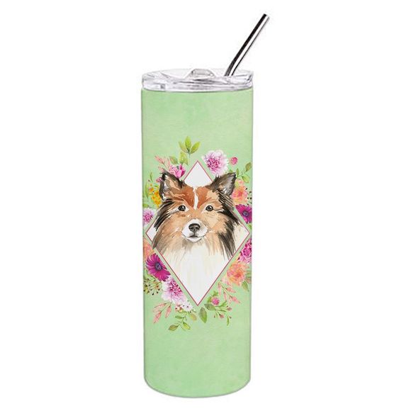 Sheltie Green Flowers Stainless Steel 20 oz Skinny Tumbler - Picture 1 of 4